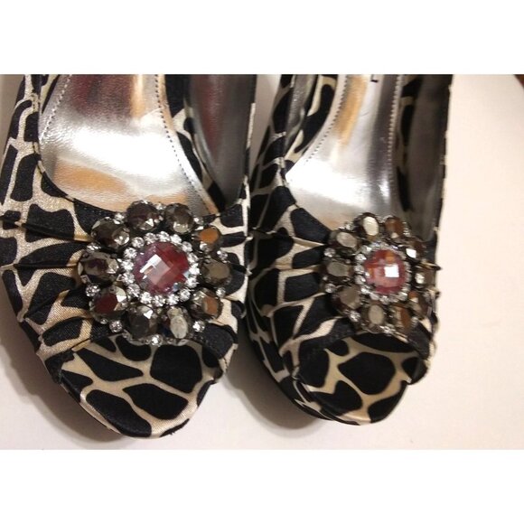 Michael selena womens size 7 leopard pattern fabric bejeweled bow peep toe pumps - Picture 5 of 9